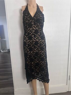 Vintage Windsor Black Lace Overlay Midi Dress Large - Nude Lining - Halter Neck